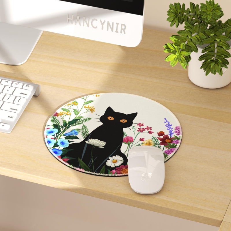 Hancynir Black Cat Floral Mouse Pad for Desk, Small Cute Mousepad with Non-Slip Base, Round Mouse Pads for Wireless Mouse Laptop Gaming, Computer Mouse Mat for Office Decor Desk Accessories Supplies - Image 2